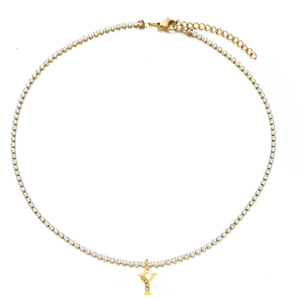 Personalized Gold-Plated Initial Tennis Chain Choker Necklace with Cubic Zirconia Sparkle