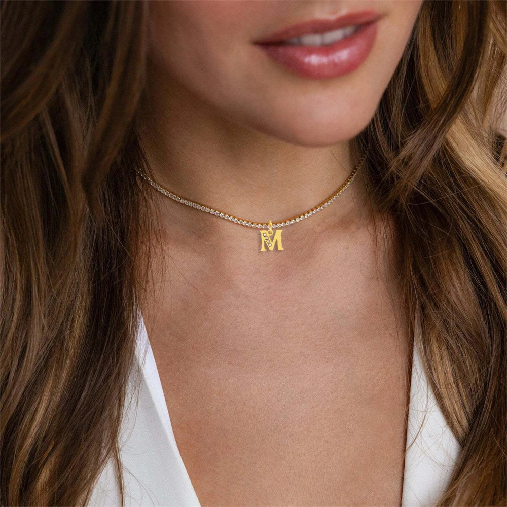 Personalized Gold-Plated Initial Tennis Chain Choker Necklace with Cubic Zirconia Sparkle