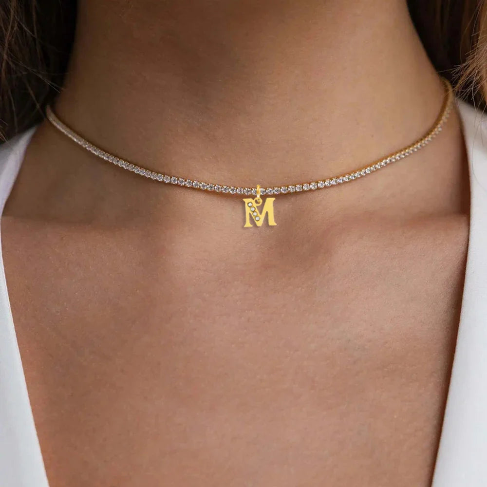Personalized Gold-Plated Initial Tennis Chain Choker Necklace with Cubic Zirconia Sparkle