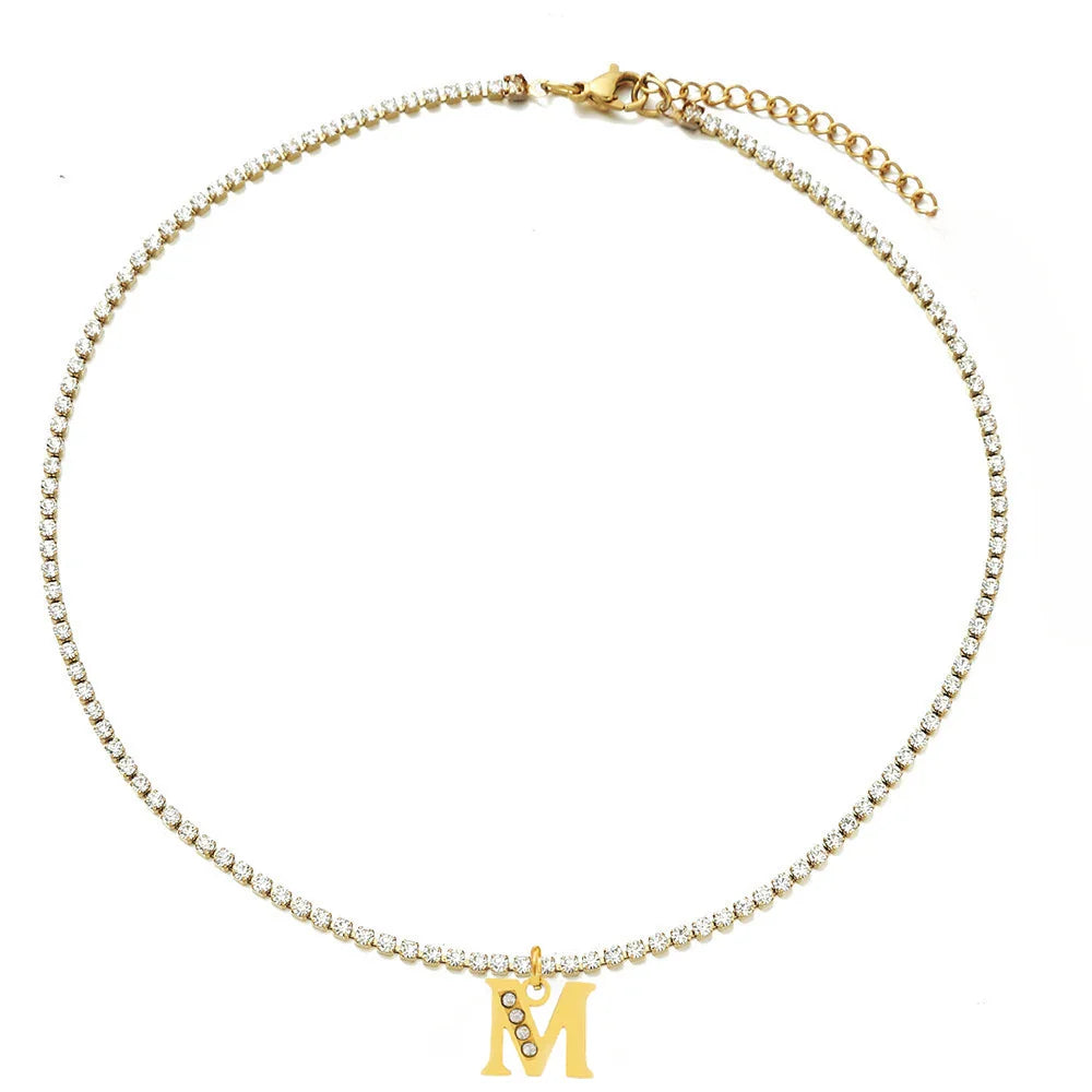 Personalized Gold-Plated Initial Tennis Chain Choker Necklace with Cubic Zirconia Sparkle