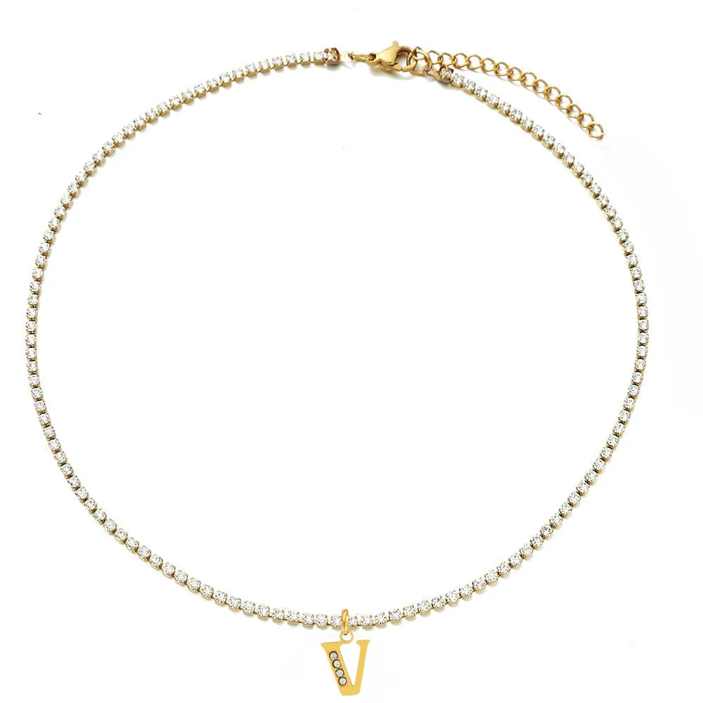 Personalized Gold-Plated Initial Tennis Chain Choker Necklace with Cubic Zirconia Sparkle