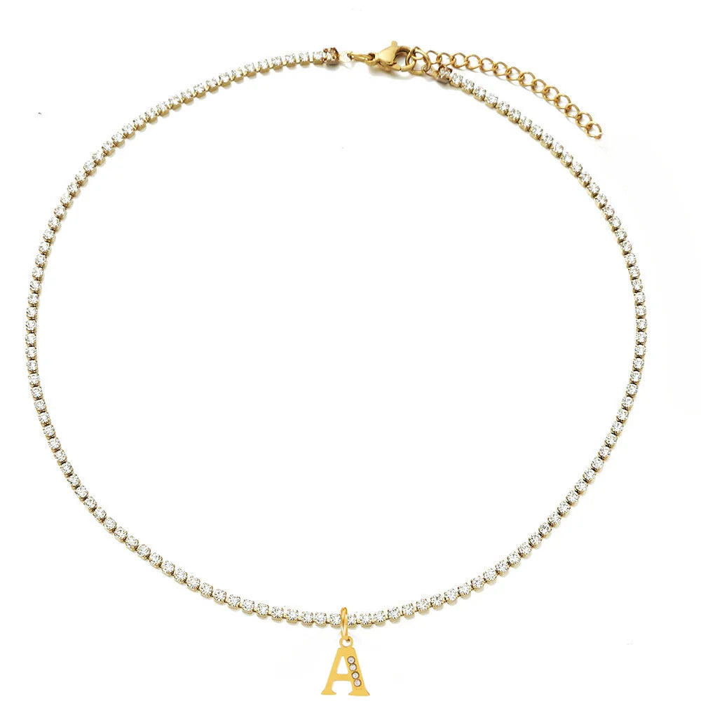 Personalized Gold-Plated Initial Tennis Chain Choker Necklace with Cubic Zirconia Sparkle